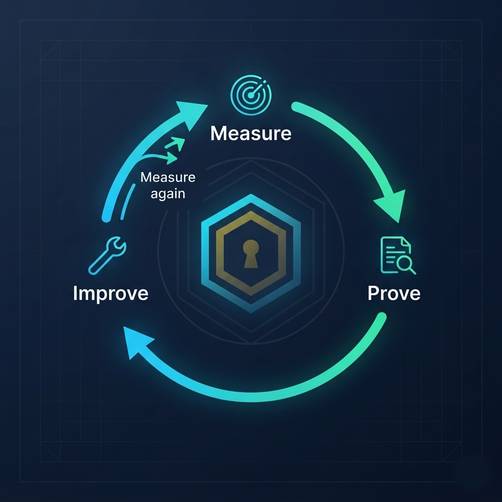 Measure → Prove → Improve cycle with Measure again return arrow