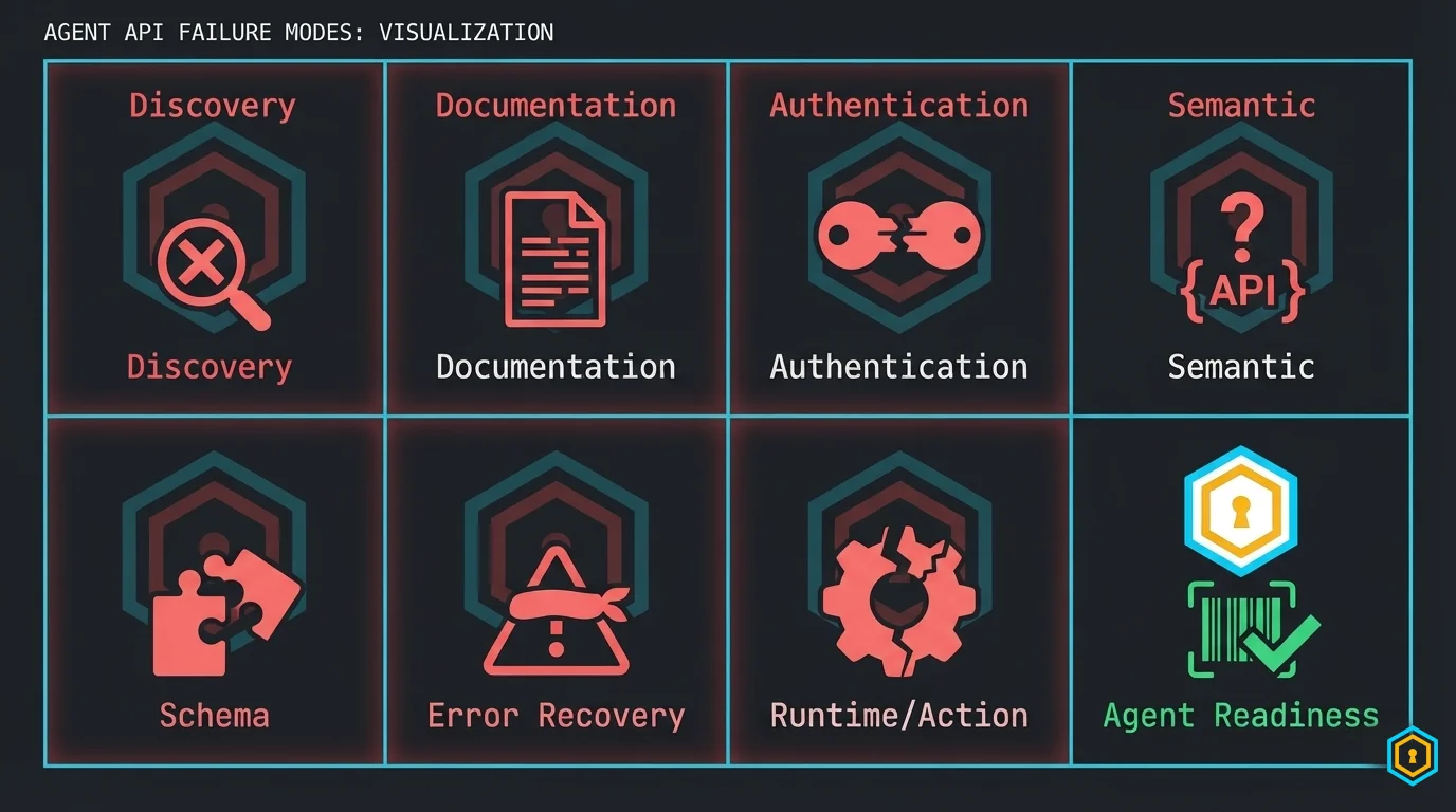 Seven failure modes — 4×2 grid with Agent Readiness as solution