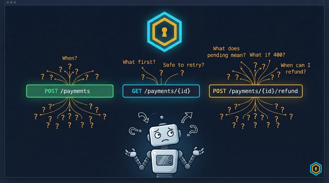 Payments API example: three endpoint boxes with agent questions radiating outward as dashed lines